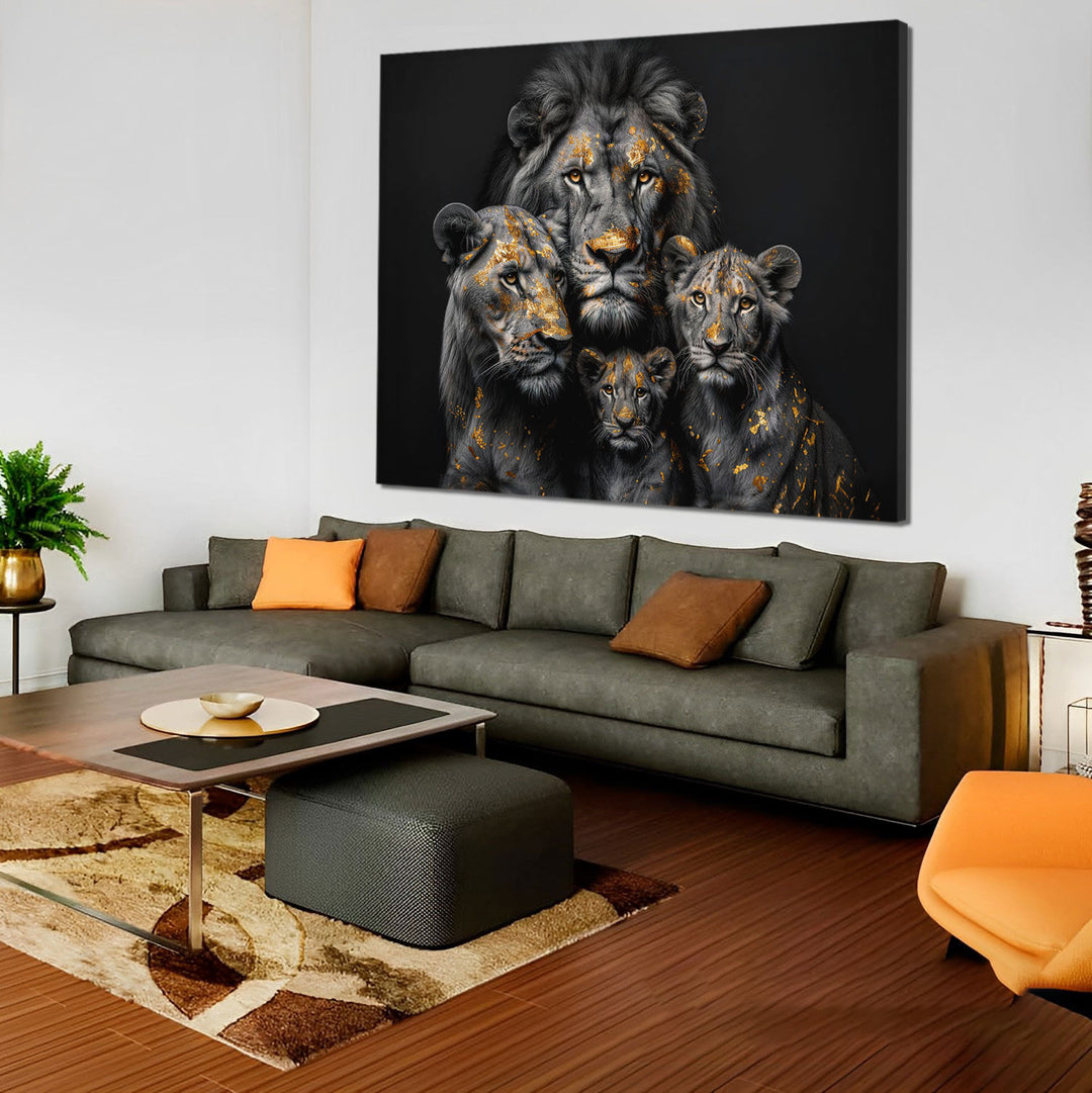 Golden Leaf Lion Family Abstract Black and Gold Radiant Painting