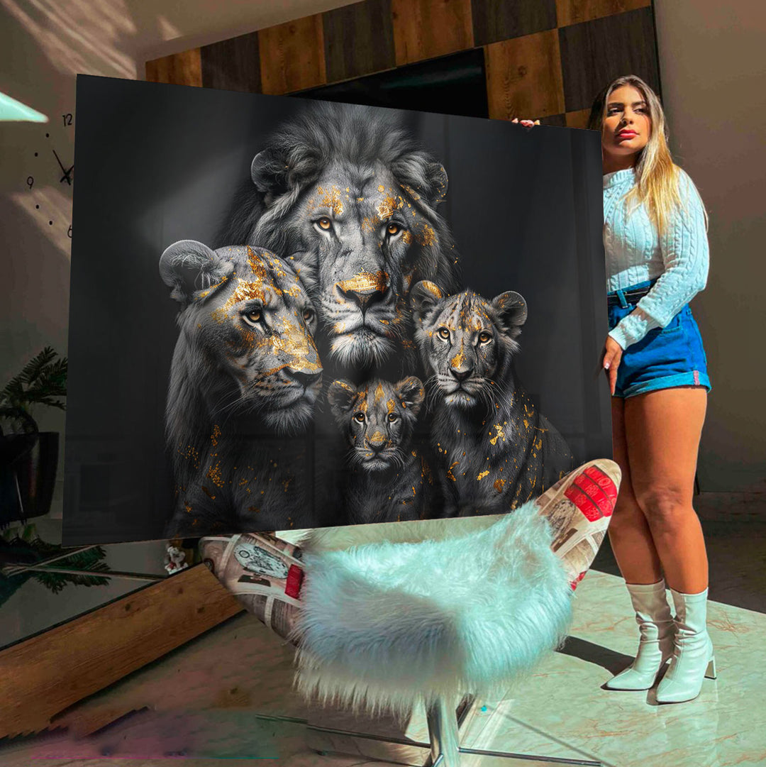 Golden Leaf Lion Family Abstract Black and Gold Radiant Painting