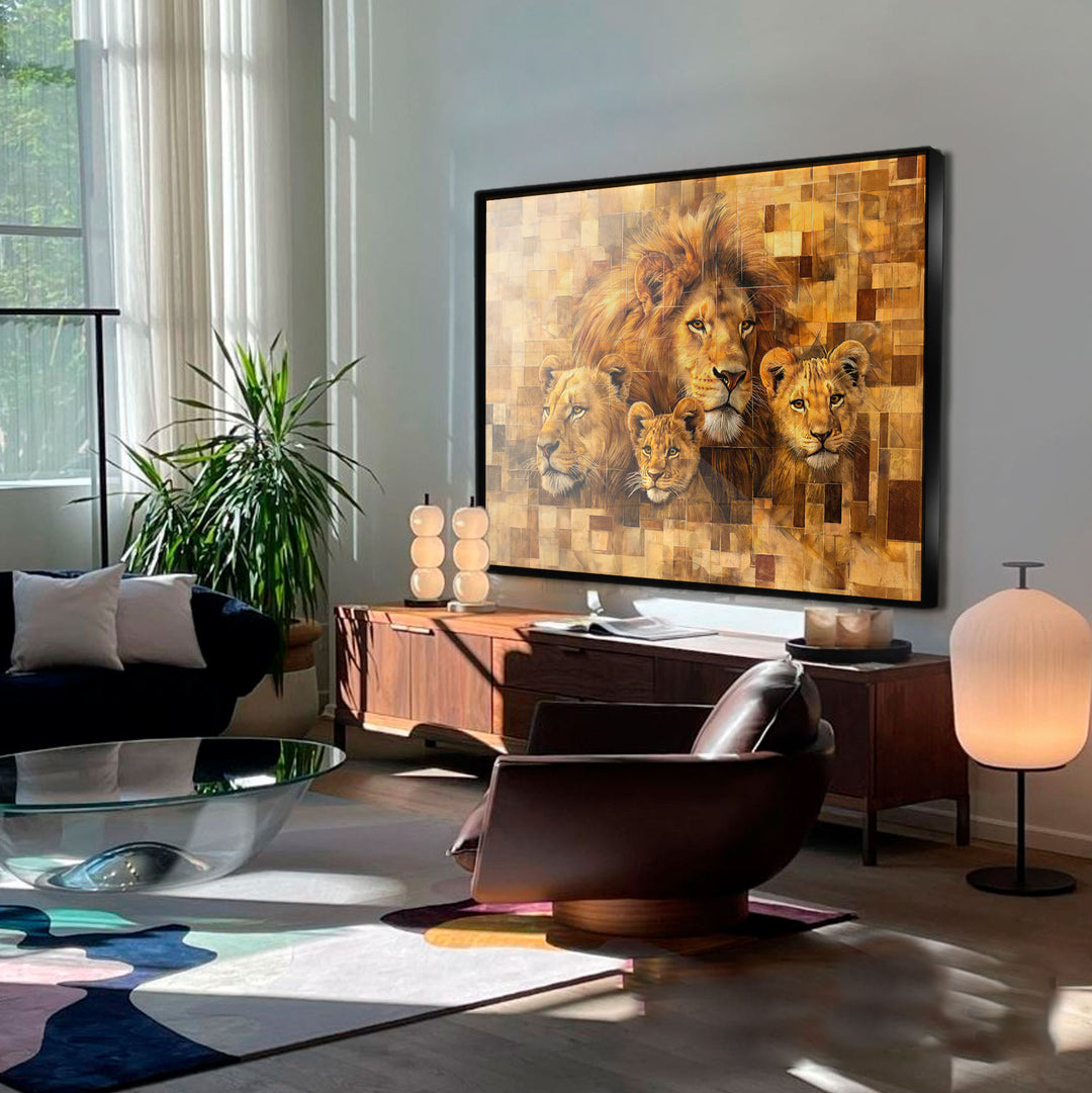 Lion Family Abstract Grid Art Frame