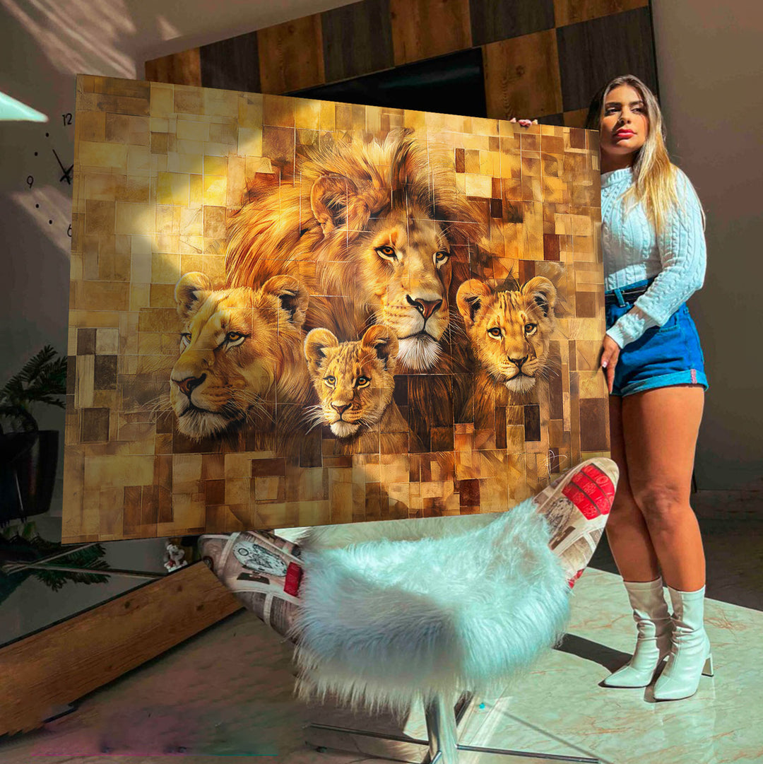 Lion Family Abstract Grid Art Frame