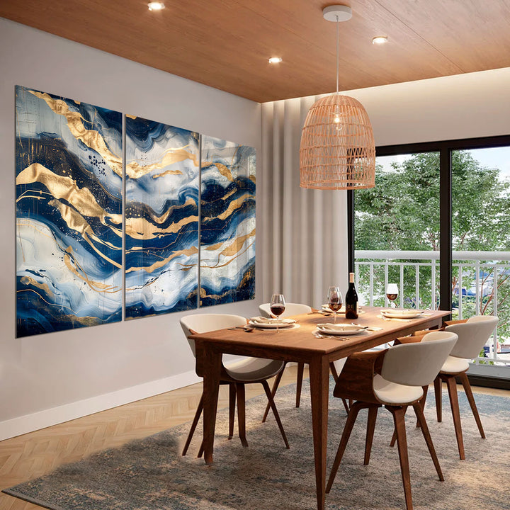 Abstract Sapphire Waves Painting - 3 Pieces