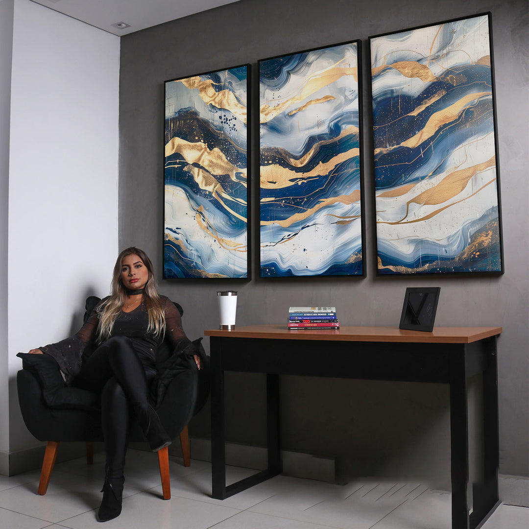 Abstract Sapphire Waves Painting - 3 Pieces