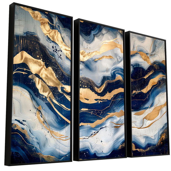 Abstract Sapphire Waves Painting - 3 Pieces