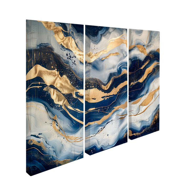 Abstract Sapphire Waves Painting - 3 Pieces