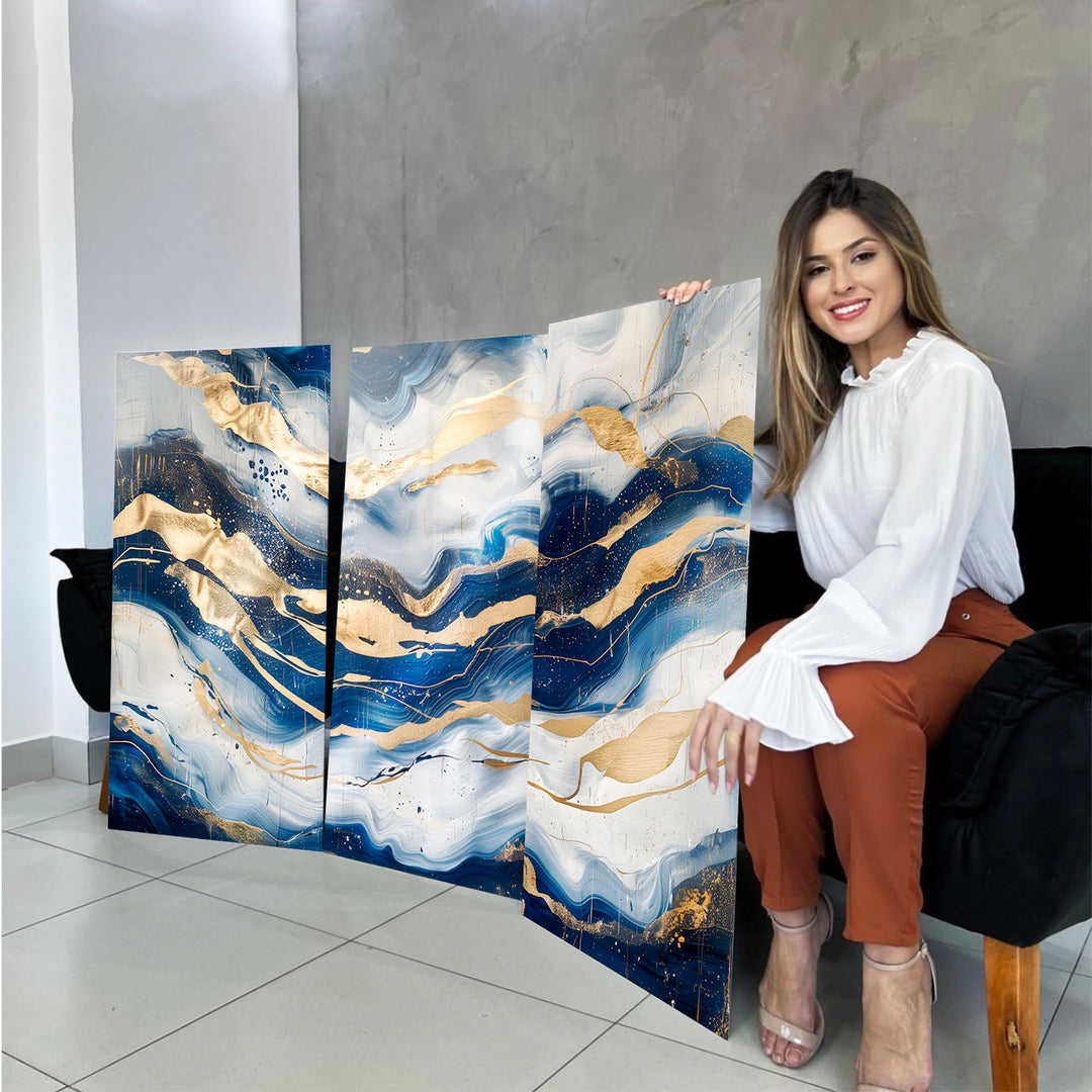 Abstract Sapphire Waves Painting - 3 Pieces