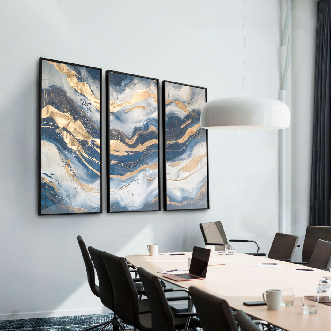 Abstract Sapphire Waves Painting - 3 Pieces
