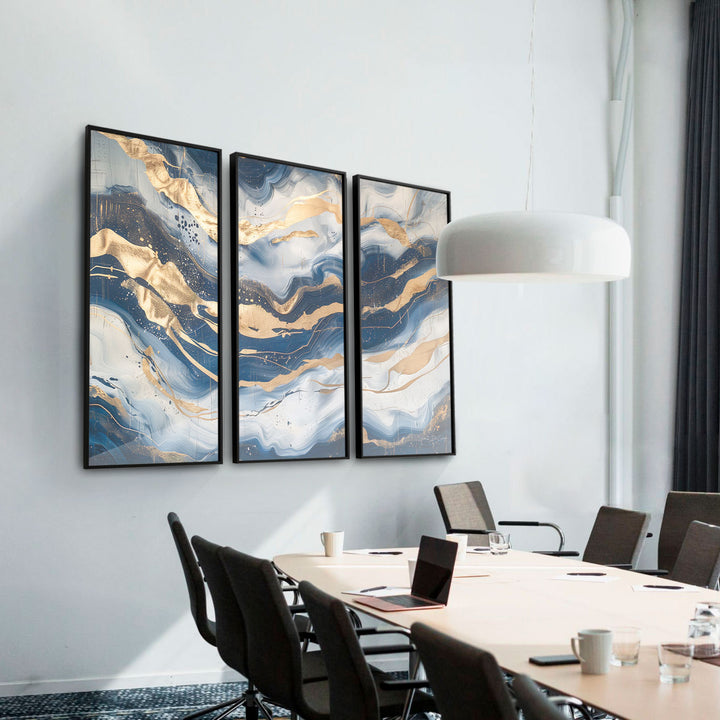 Abstract Sapphire Waves Painting - 3 Pieces