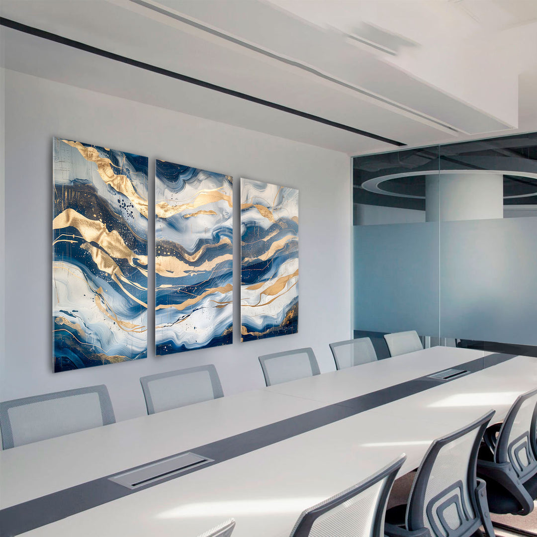 Abstract Sapphire Waves Painting - 3 Pieces