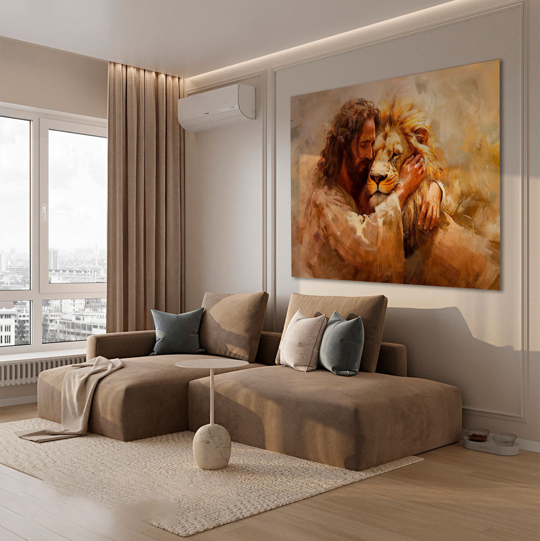 Jesus and Lion Painting - Divine Embrace