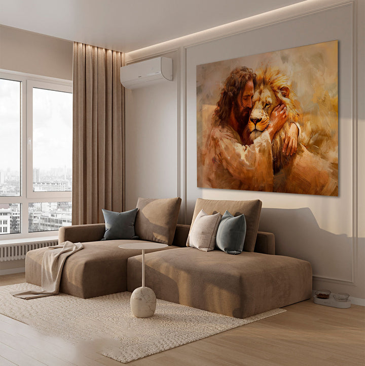Jesus and Lion Painting - Divine Embrace