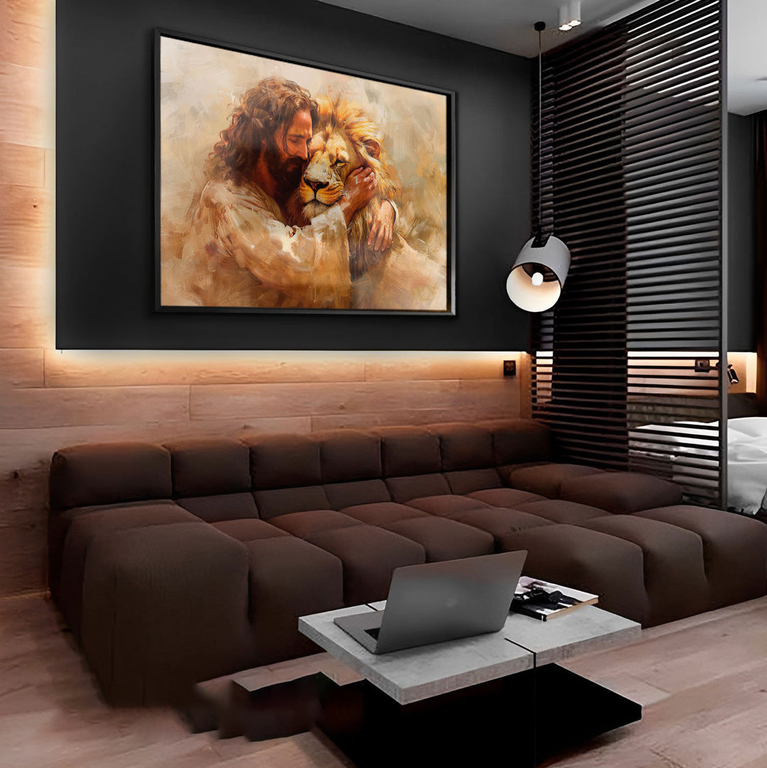 Jesus and Lion Painting - Divine Embrace
