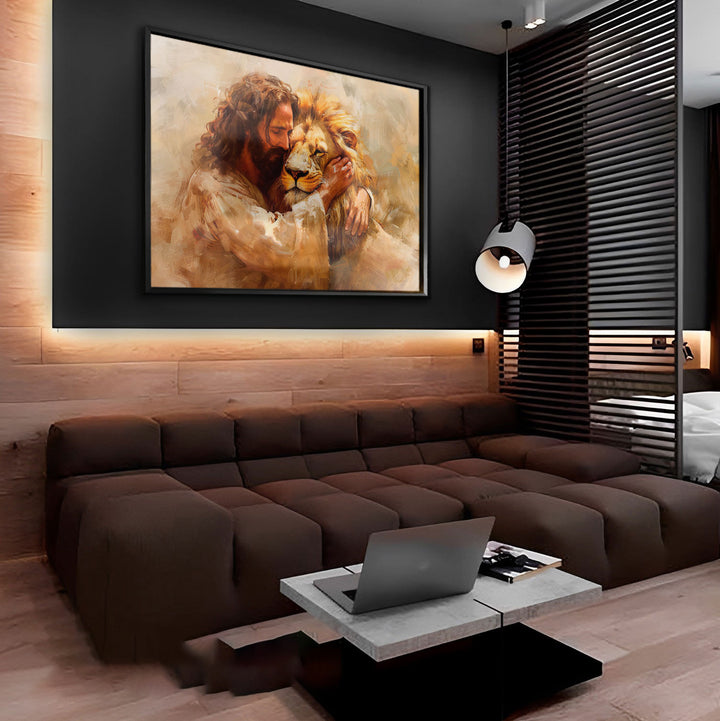 Jesus and Lion Painting - Divine Embrace