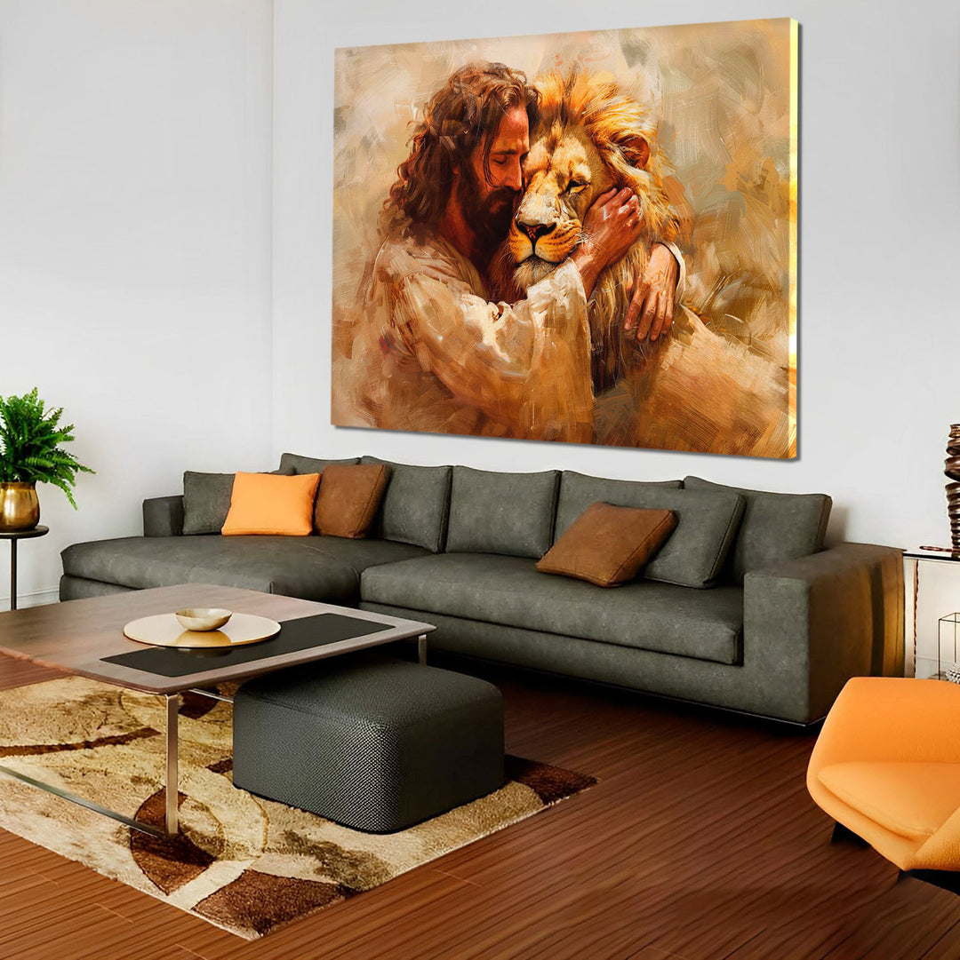 Jesus and Lion Painting - Divine Embrace