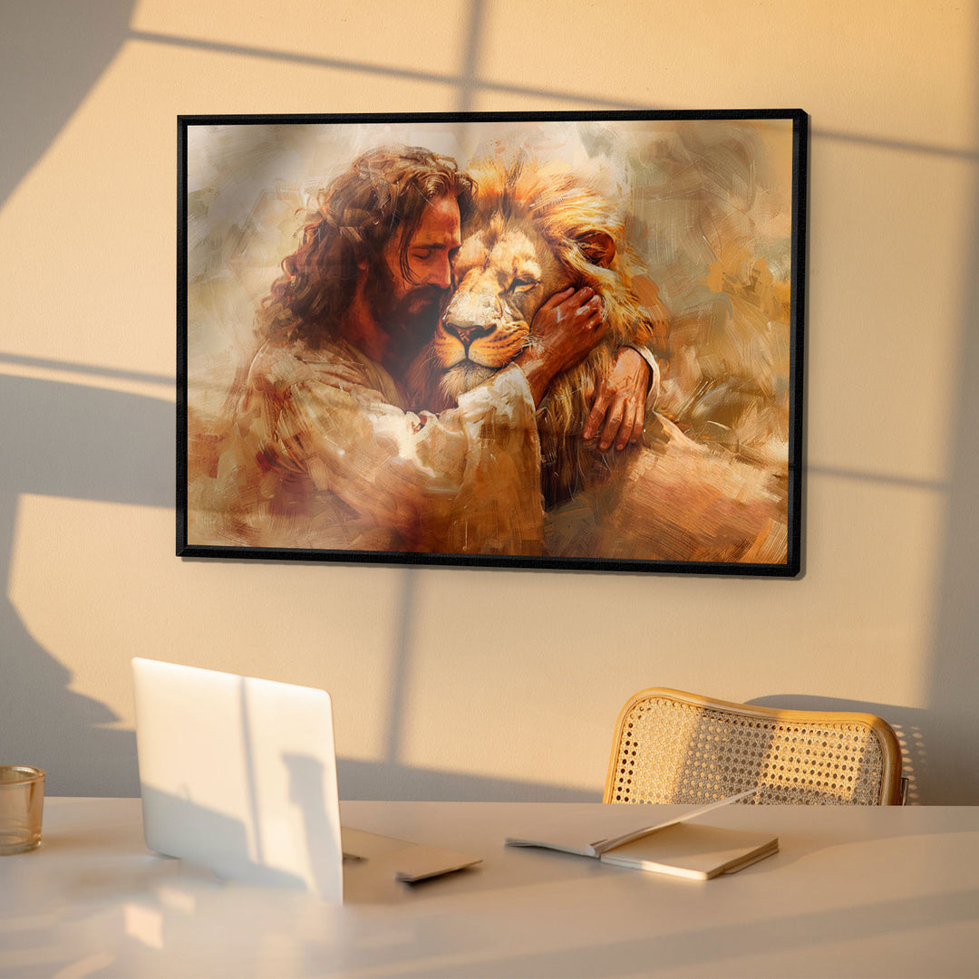 Jesus and Lion Painting - Divine Embrace