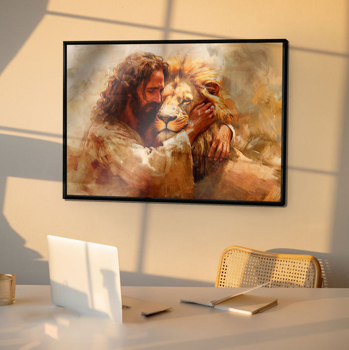 Jesus and Lion Painting - Divine Embrace