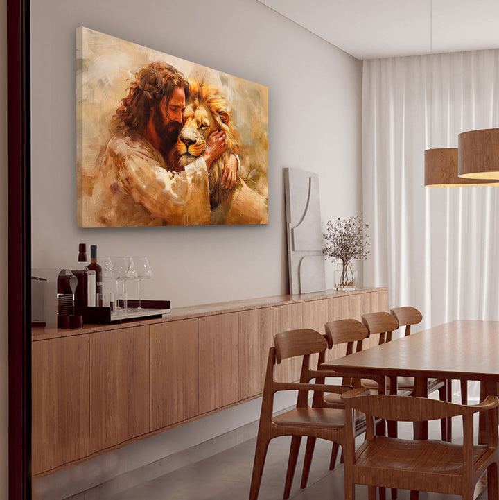 Jesus and Lion Painting - Divine Embrace