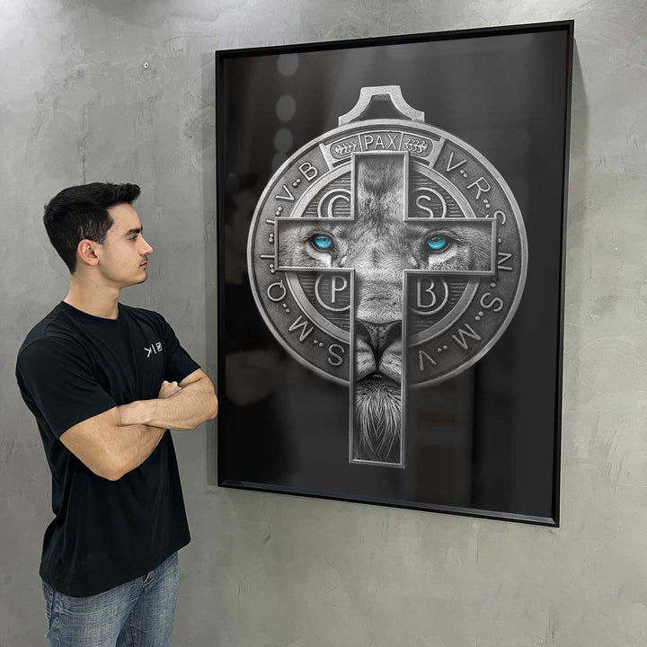 Painting Lion of Judah and Medal of Saint Benedict