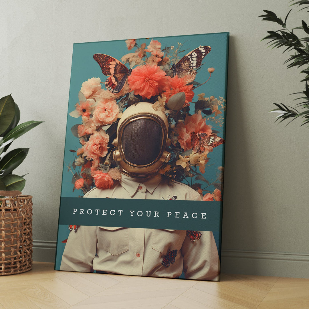 Astronaut in Peace Floral Canvas Print