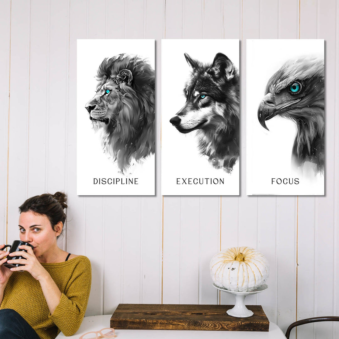 Discipline, Execution, Focus – 3-Piece Animal Canvas Set