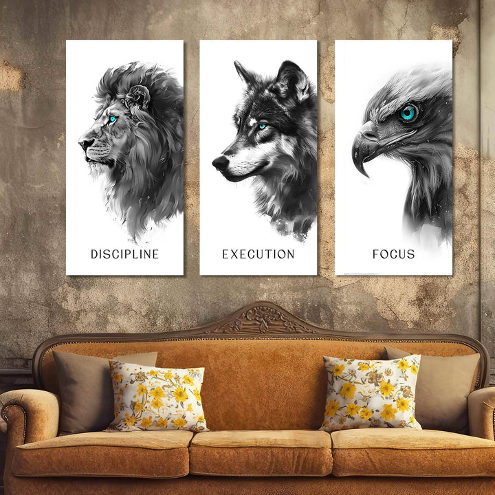 Discipline, Execution, Focus – 3-Piece Animal Canvas Set