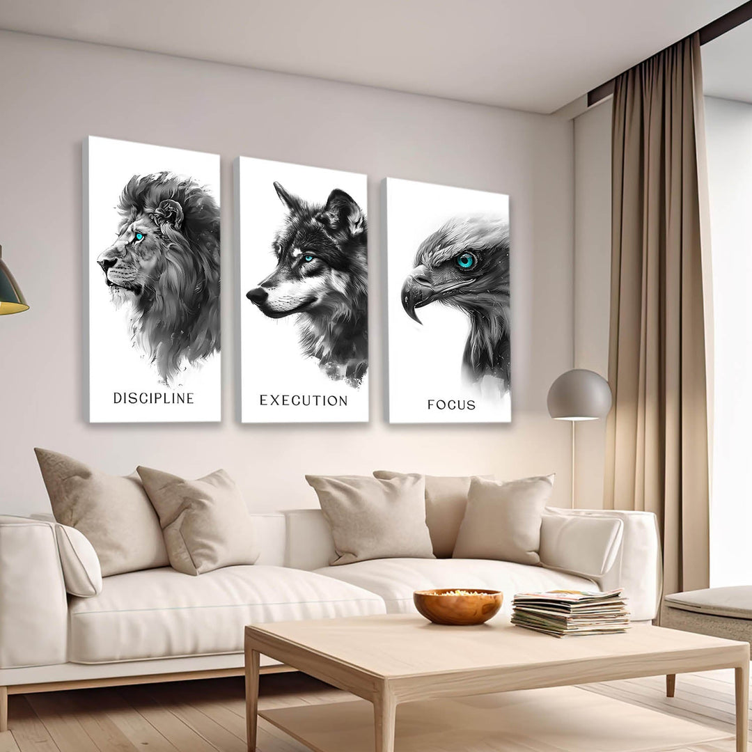 Discipline, Execution, Focus – 3-Piece Animal Canvas Set