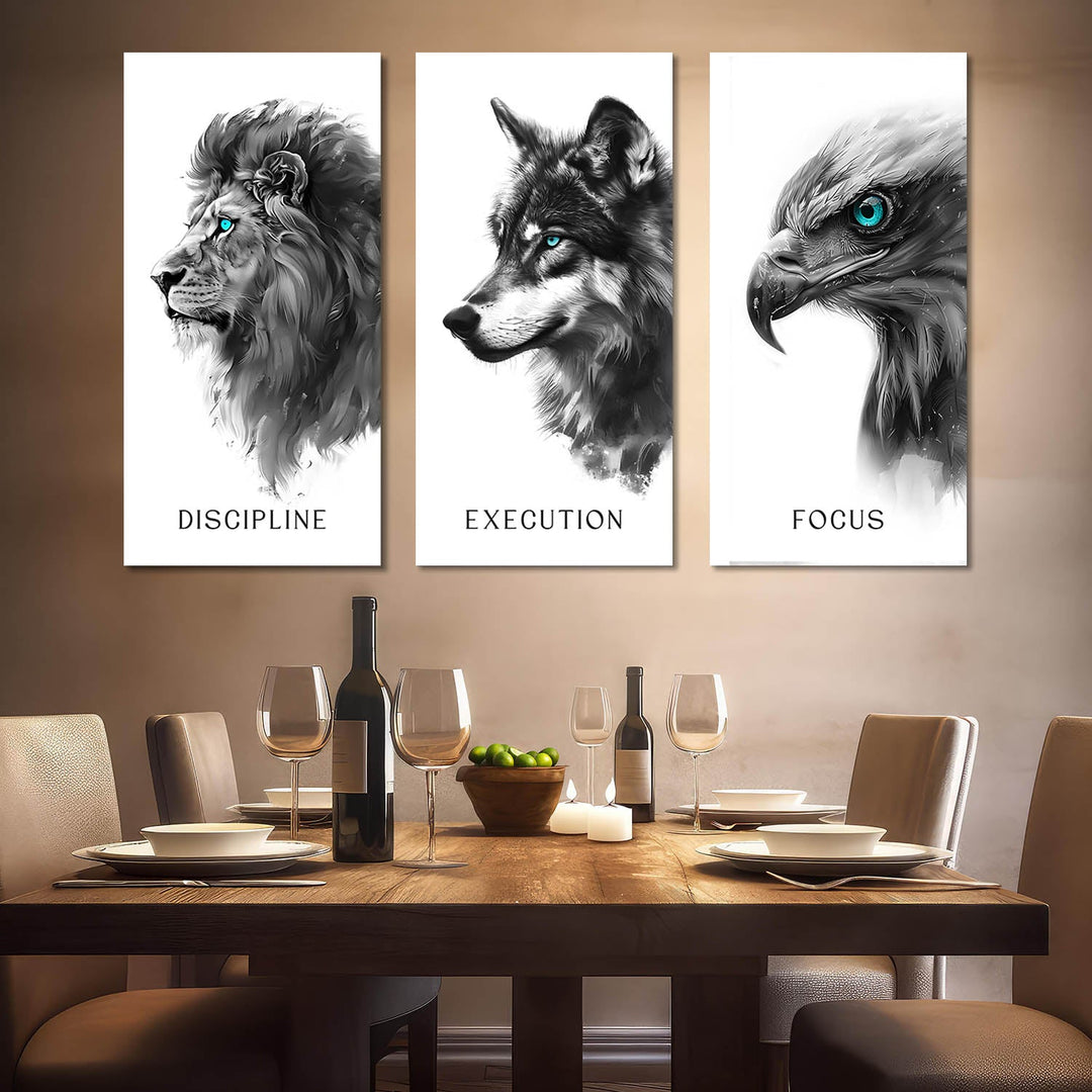 Discipline, Execution, Focus – 3-Piece Animal Canvas Set