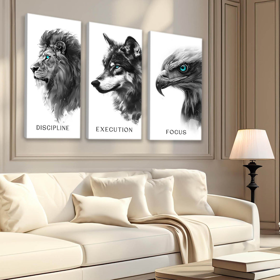 Discipline, Execution, Focus – 3-Piece Animal Canvas Set