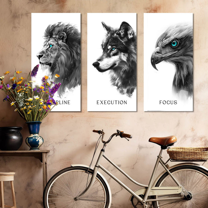 Discipline, Execution, Focus – 3-Piece Animal Canvas Set