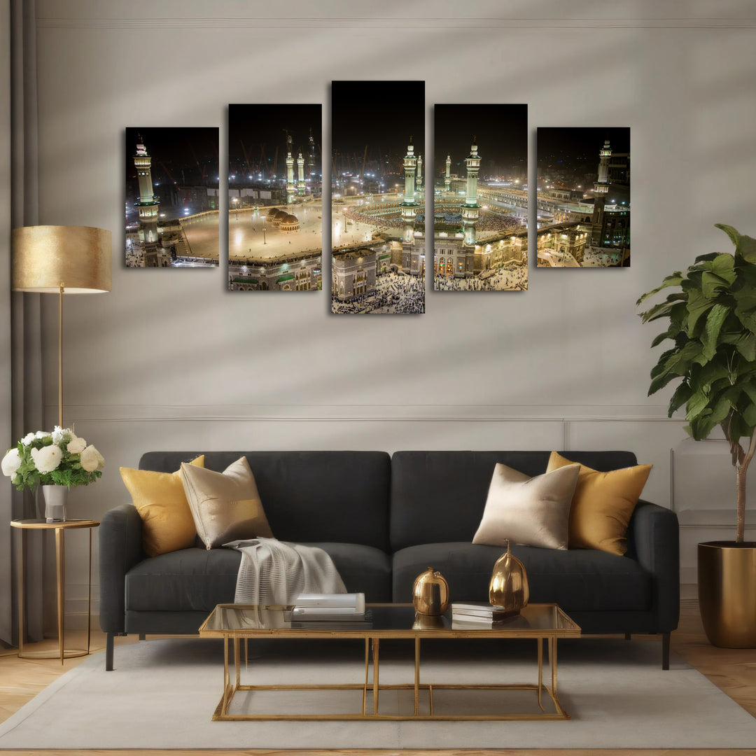 Masjid Al-Haram, Night View of Mecca - 5 Panel Large Islamic Wall Art