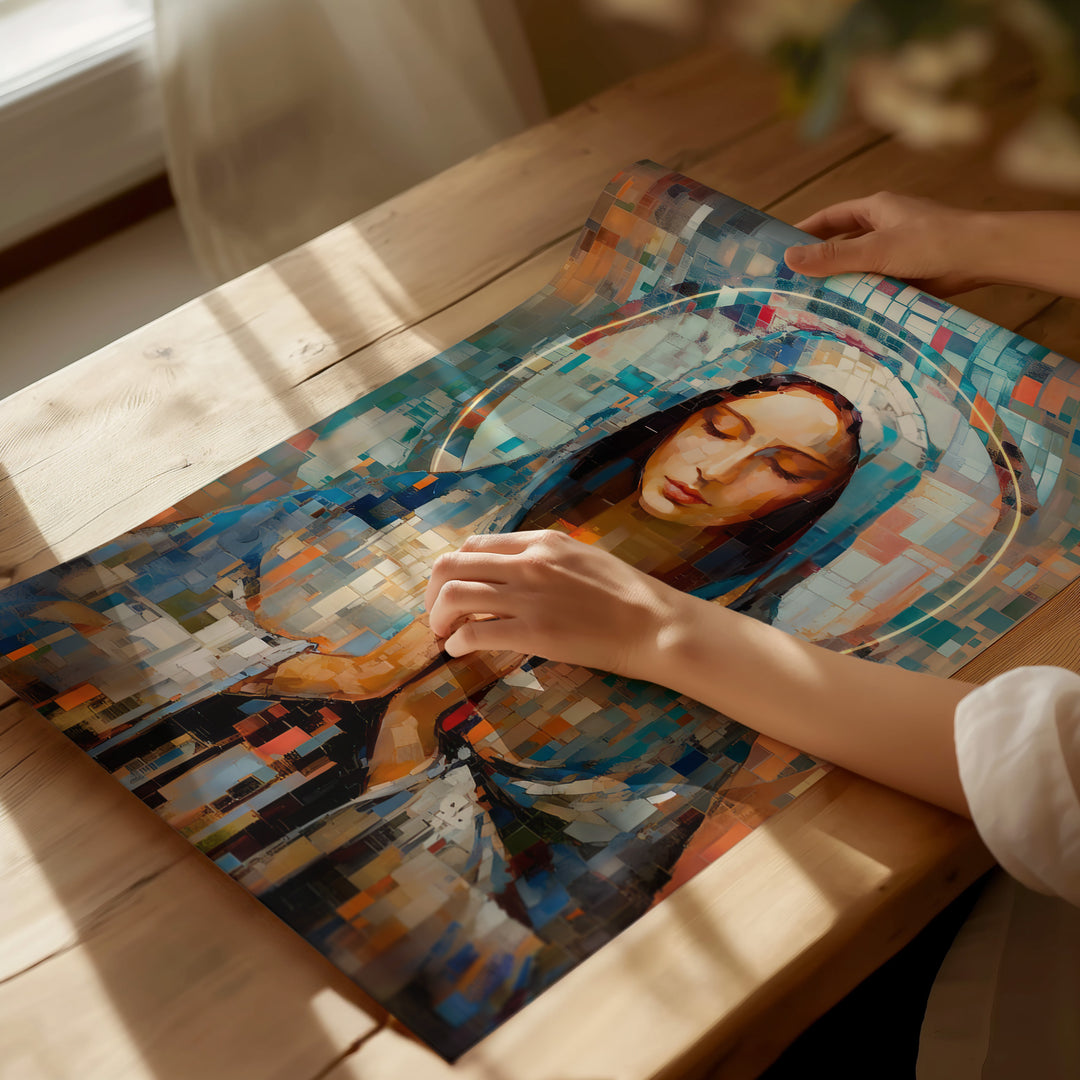 Abstract Grid Virgin Mary Catholic Wall Art for Modern Homes  Mother Mary Home Decor