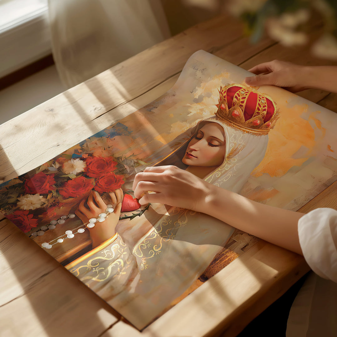 Our Lady of Fatima Religious Wall Art Abstract Watercolor Painting, Spiritual Catholic Prints