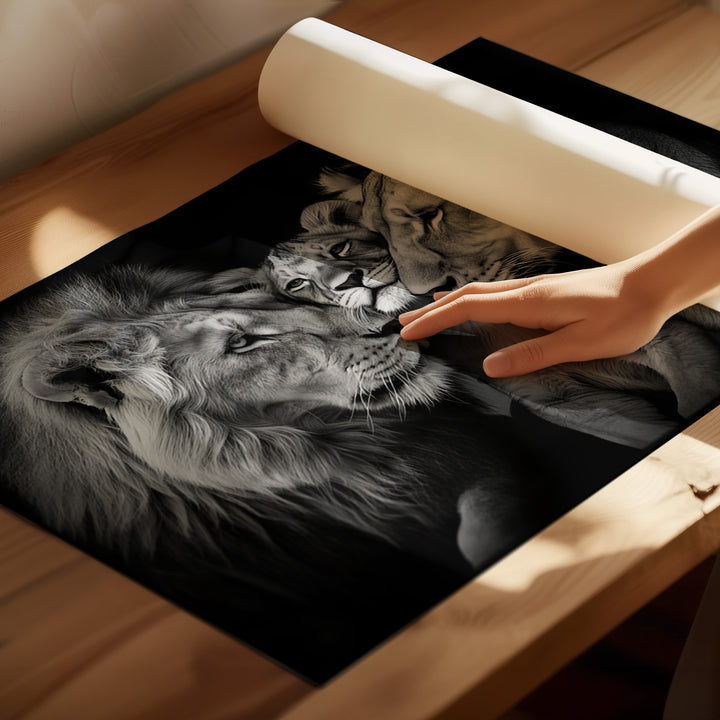 Cozy Lion Family Black and White Canvas Print