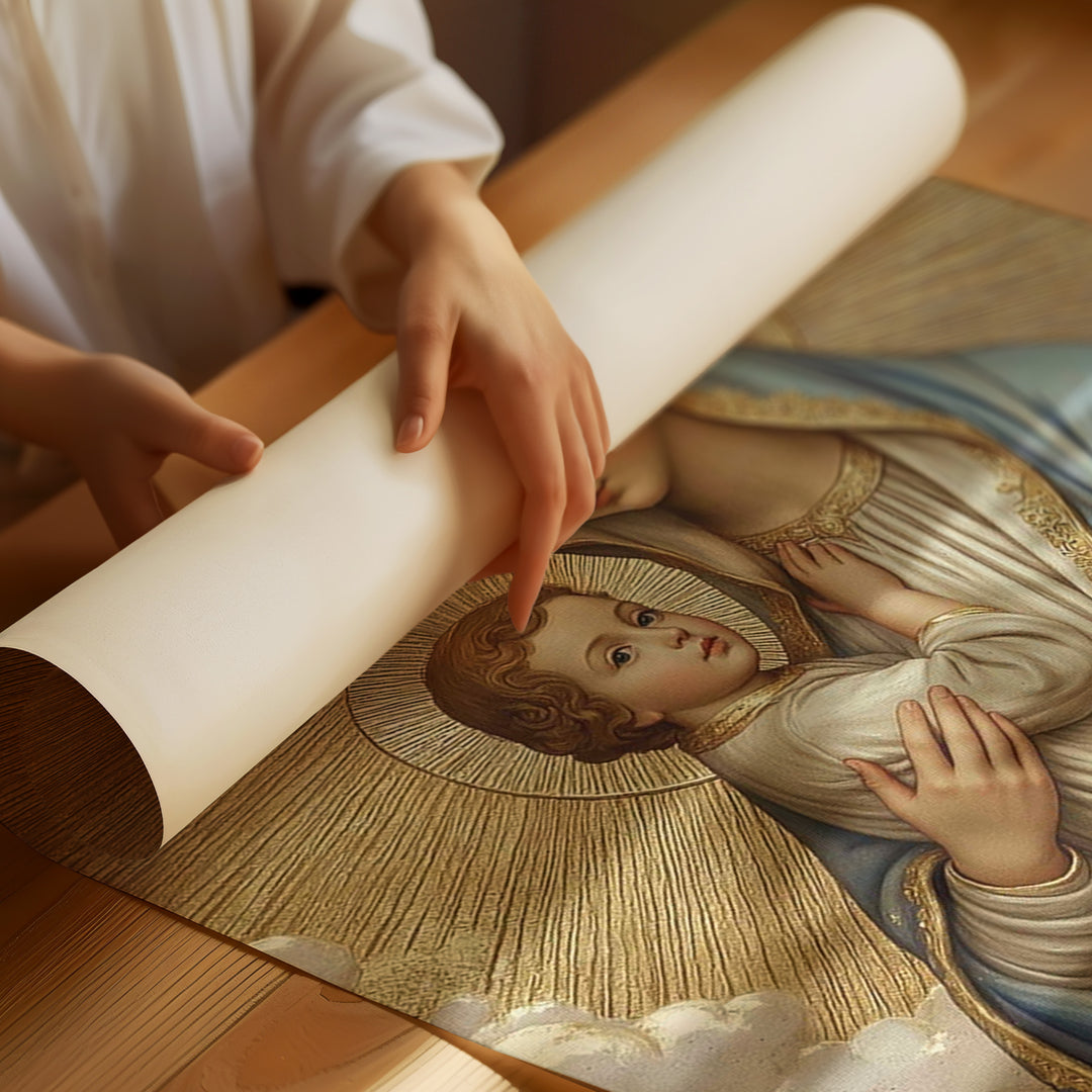 Mary’s Maternal Love Canvas – Sacred Golden Print of Mary and Baby Jesus