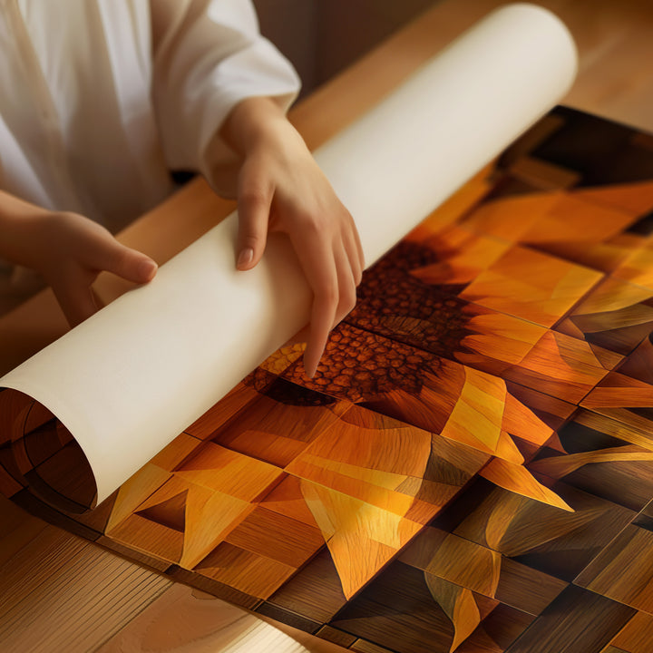 Radiant Wooden Sunflower Canvas – Abstract Floral Wall Art