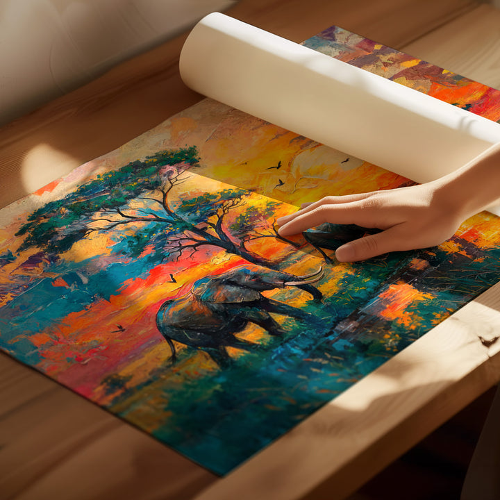 Colorful Elephant Safari Sunset Canvas Print