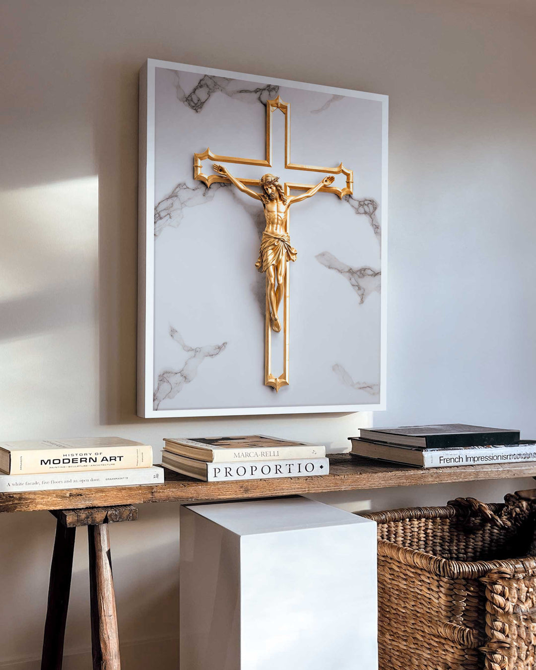 It Was For Us Canvas – Gold Crucifix Wall Art, Christian Faith Marble Background