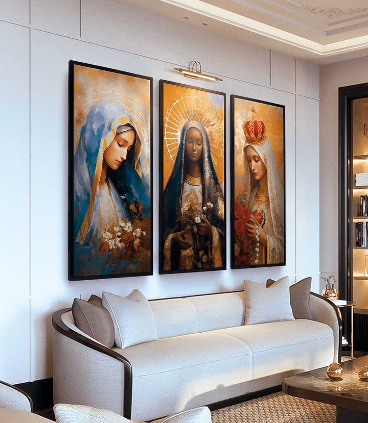 Devotional Serenity: Our Lady of Grace, Fatima & Aparecida Catholic Art Prints (Set of 3)