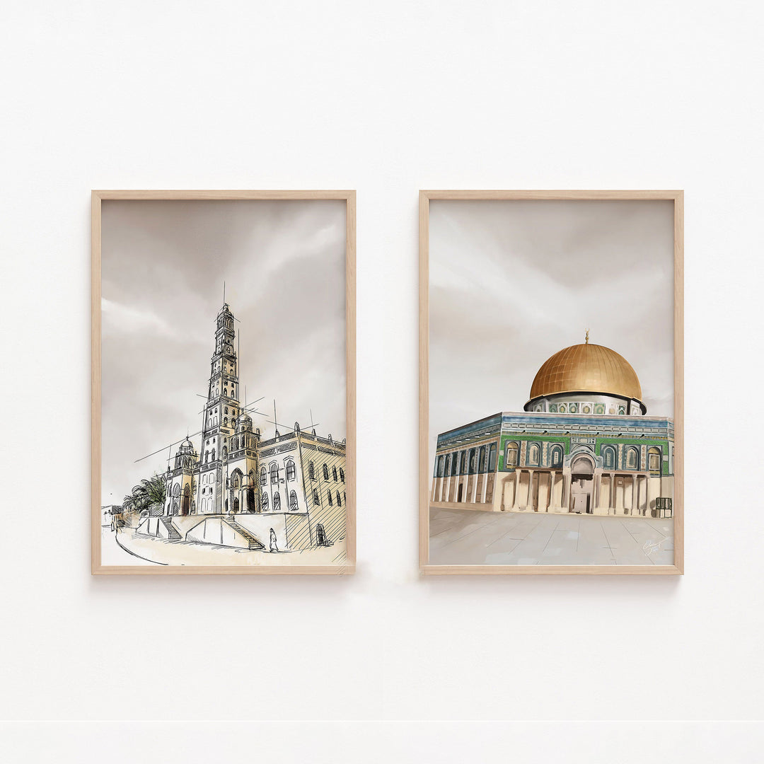 Dome of The Rock & Masjid Tarim | Calm Brown Tones | Islamic Wall Art