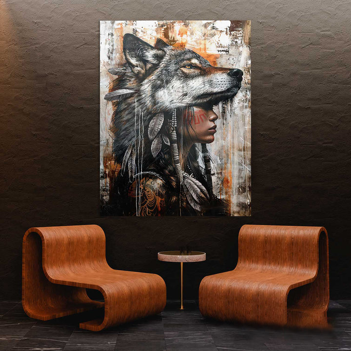 Wild Soul Woman Portrait Wolf Headdress Art Wolf Photography Style Painting Canvas Print