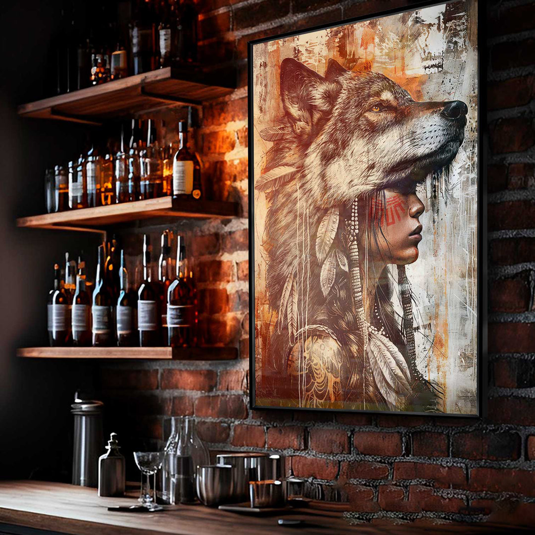 Wild Soul Woman Portrait Wolf Headdress Art Wolf Photography Style Painting Canvas Print