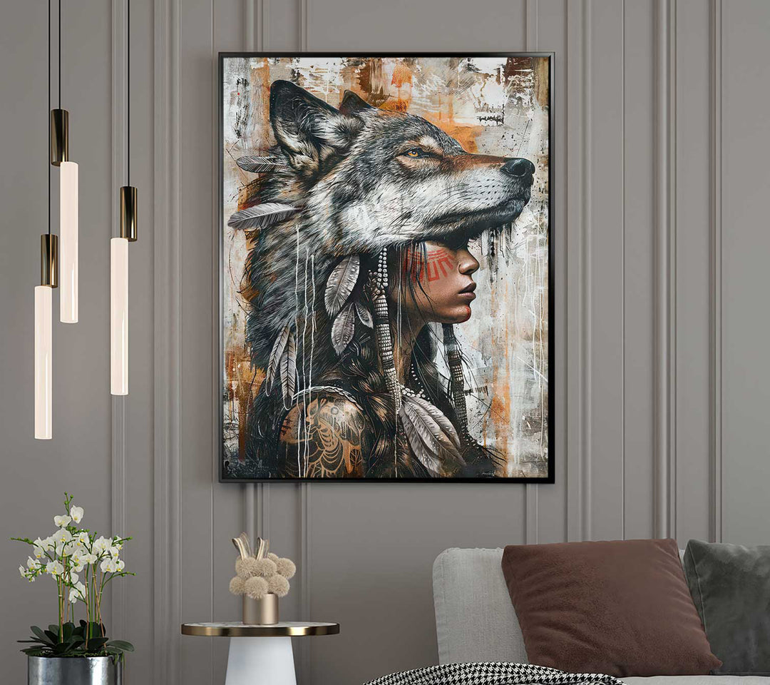 Wild Soul Woman Portrait Wolf Headdress Art Wolf Photography Style Painting Canvas Print