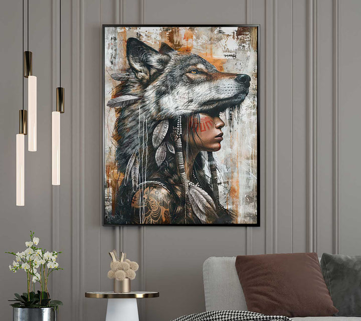 Wild Soul Woman Portrait Wolf Headdress Art Wolf Photography Style Painting Canvas Print