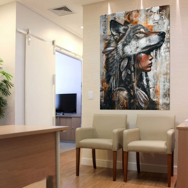 Wild Soul Woman Portrait Wolf Headdress Art Wolf Photography Style Painting Canvas Print