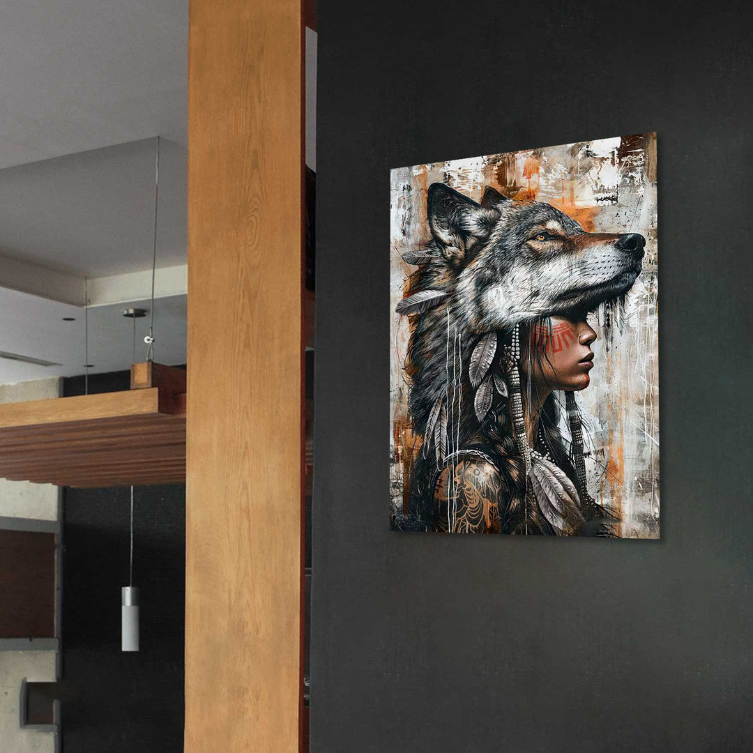 Wild Soul Woman Portrait Wolf Headdress Art Wolf Photography Style Painting Canvas Print