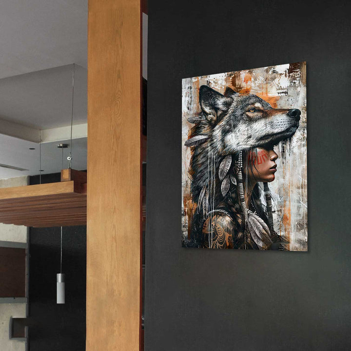 Wild Soul Woman Portrait Wolf Headdress Art Wolf Photography Style Painting Canvas Print