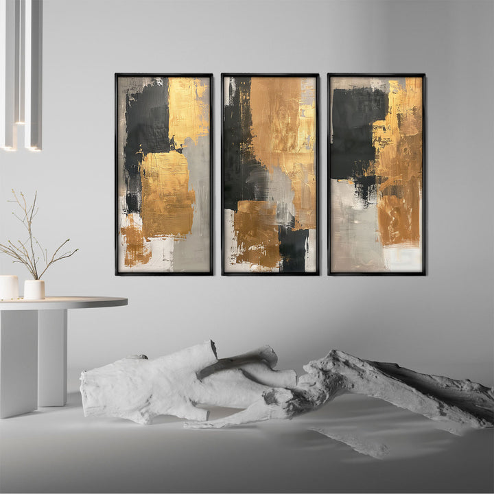 Abstract Painting Gold Contrasts 3 Pieces