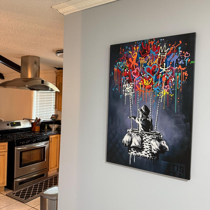 Gallery-style presentation of pop art on hanging-ready canvas