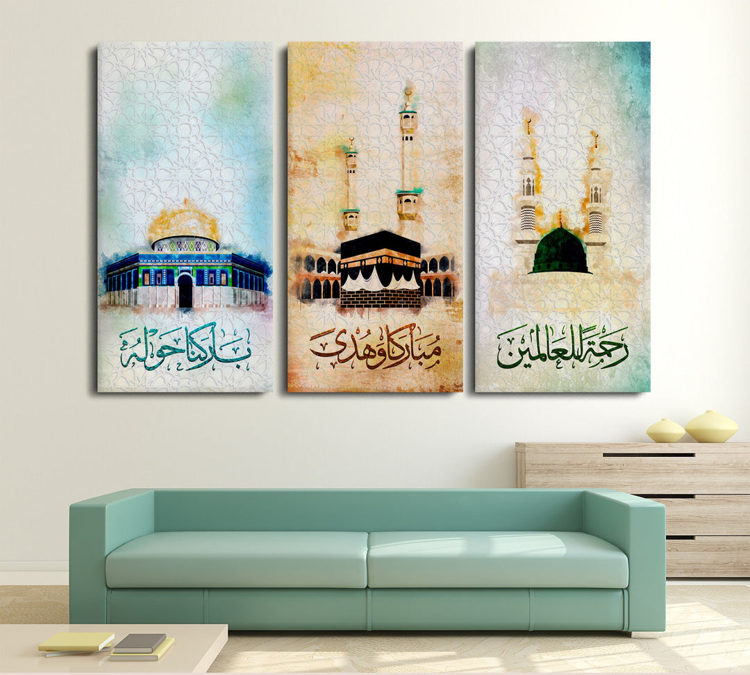 Kaaba, Nabawi, Aqsa Islamic Wall Art - Abstract Colors Islamic Wall Art