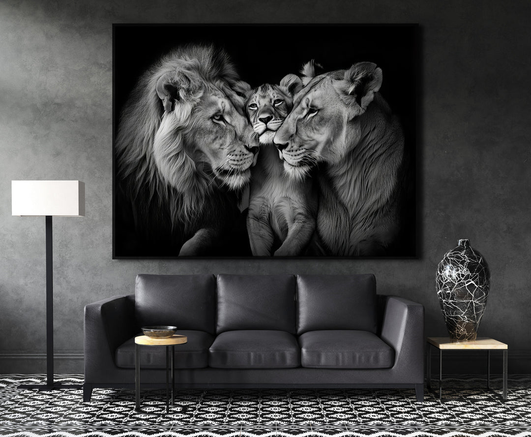 Cozy Lion Family Black and White Canvas Print