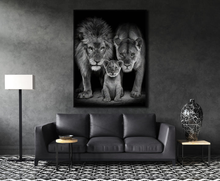 Roaring Lion Family Black and White Tone Canvas Print